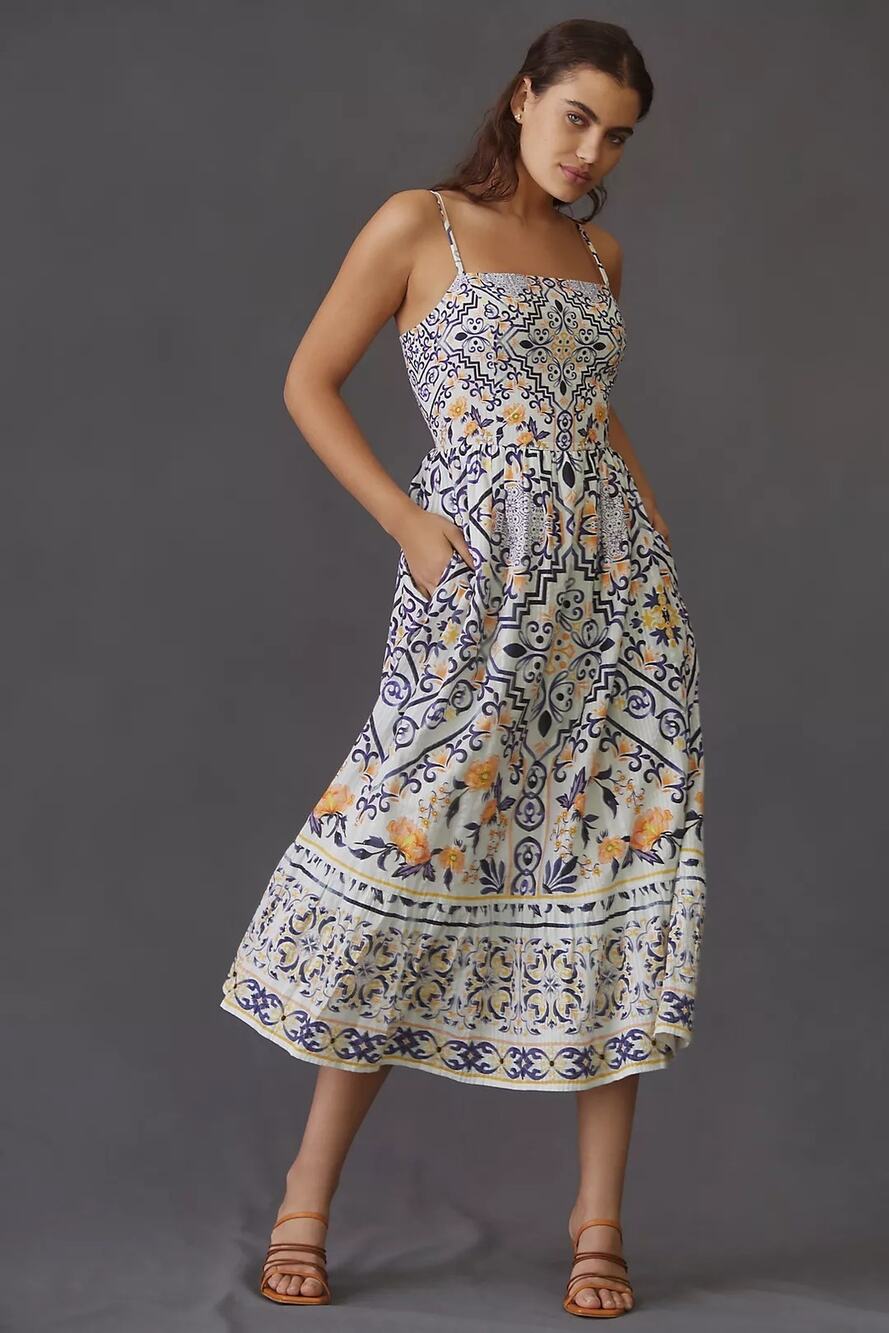 Let Me Be Anthropologie Cotton Tile Floral Boho Midi Sundress Dress XL Petite